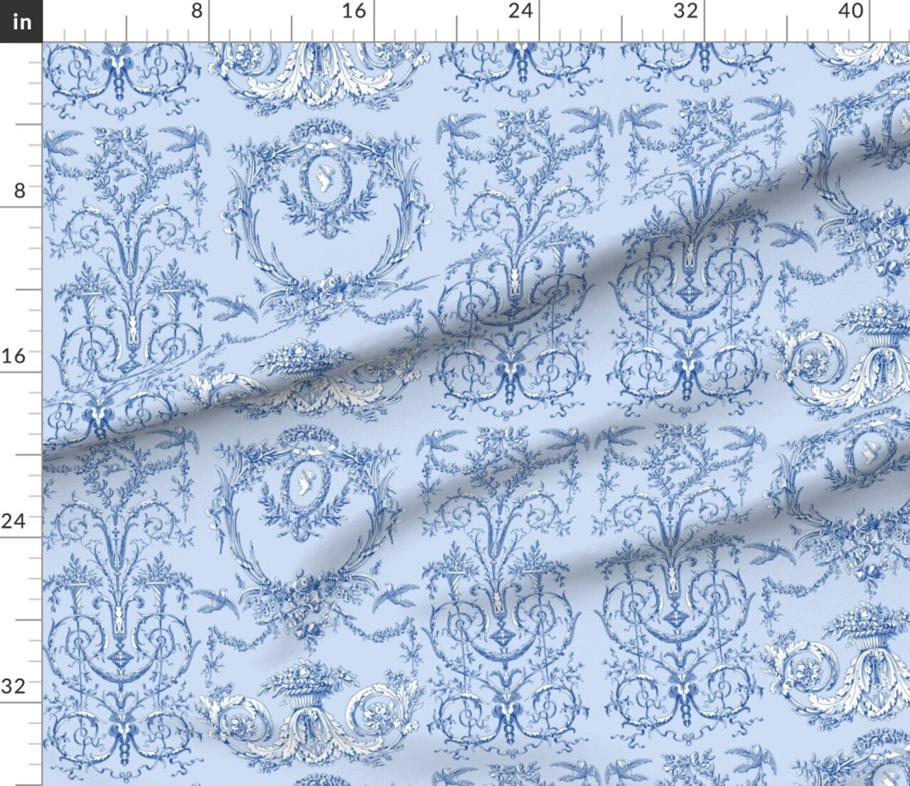 Blue And White Toile Blueberry Rococo Scrolls Toile De Jouy French Country Cottage Chic Custom Printed Fabric by Spoonflower Various Fabrics by the Yard or Fat Quarter